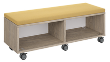 Load image into Gallery viewer, Mobile storage unit with two shelf columns, optional upholstered seat for seating, customizable laminate finishes, and casters for easy mobility.
