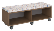 Load image into Gallery viewer, Mobile storage unit with two shelf columns, optional upholstered seat for seating, customizable laminate finishes, and casters for easy mobility.
