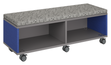 Load image into Gallery viewer, Mobile storage unit with two shelf columns, optional upholstered seat for seating, customizable laminate finishes, and casters for easy mobility.
