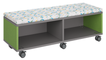 Load image into Gallery viewer, Mobile storage unit with two shelf columns, optional upholstered seat for seating, customizable laminate finishes, and casters for easy mobility.
