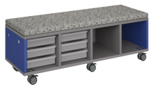 Load image into Gallery viewer, Mobile storage unit with a four column, tray and cubby configuration, optional upholstered seat for seating, customizable laminate finishes, and casters for easy mobility.

