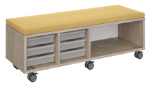 Load image into Gallery viewer, Mobile storage unit with a three column, tray and shelf configuration, optional upholstered seat for seating, customizable laminate finishes, and casters for easy mobility.
