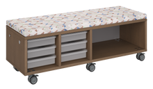 Load image into Gallery viewer, Mobile storage unit with a three column, tray and shelf configuration, optional upholstered seat for seating, customizable laminate finishes, and casters for easy mobility.
