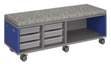 Load image into Gallery viewer, Mobile storage unit with a three column, tray and shelf configuration, optional upholstered seat for seating, customizable laminate finishes, and casters for easy mobility.
