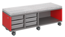 Load image into Gallery viewer, Mobile storage unit with a three column, tray and shelf configuration, optional upholstered seat for seating, customizable laminate finishes, and casters for easy mobility.
