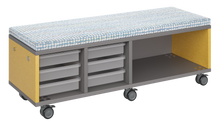 Load image into Gallery viewer, Mobile storage unit with a three column, tray and shelf configuration, optional upholstered seat for seating, customizable laminate finishes, and casters for easy mobility.
