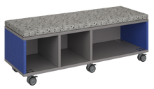 Load image into Gallery viewer, Mobile storage unit with a three column, tray and shelf configuration, optional upholstered seat for seating, customizable laminate finishes, and casters for easy mobility.
