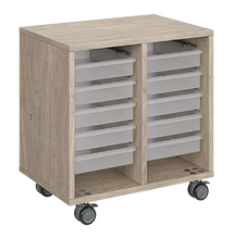 Load image into Gallery viewer, Mobile classroom storage featuring two columns of trays, customizable laminate finishes, optional doors, and durable rolling casters.
