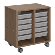 Load image into Gallery viewer, Mobile classroom storage featuring two columns of trays, customizable laminate finishes, optional doors, and durable rolling casters.
