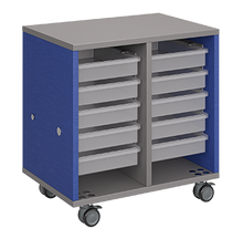 Load image into Gallery viewer, Mobile classroom storage featuring two columns of trays, customizable laminate finishes, optional doors, and durable rolling casters.
