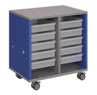 Mobile classroom storage featuring two columns of trays, customizable laminate finishes, optional doors, and durable rolling casters.