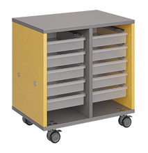 Load image into Gallery viewer, Mobile classroom storage featuring two columns of trays, customizable laminate finishes, optional doors, and durable rolling casters.
