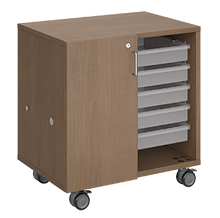 Load image into Gallery viewer, Mobile classroom storage featuring two columns of trays, customizable laminate finishes, optional doors, and durable rolling casters.
