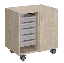 Load image into Gallery viewer, Mobile classroom storage featuring two columns of trays, customizable laminate finishes, optional doors, and durable rolling casters.
