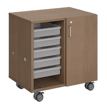 Load image into Gallery viewer, Mobile classroom storage featuring two columns of trays, customizable laminate finishes, optional doors, and durable rolling casters.
