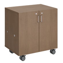 Load image into Gallery viewer, Mobile classroom storage featuring two columns of trays, customizable laminate finishes, optional doors, and durable rolling casters.
