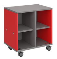 Mobile classroom storage featuring two columns of cubbies, customizable laminate finishes, optional doors, and durable rolling casters.