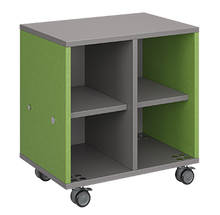 Load image into Gallery viewer, Mobile classroom storage featuring two columns of cubbies, customizable laminate finishes, optional doors, and durable rolling casters.
