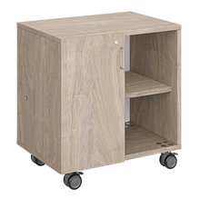 Load image into Gallery viewer, Mobile classroom storage featuring two columns of cubbies, customizable laminate finishes, optional doors, and durable rolling casters.
