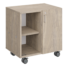 Load image into Gallery viewer, Mobile classroom storage featuring two columns of cubbies, customizable laminate finishes, optional doors, and durable rolling casters.
