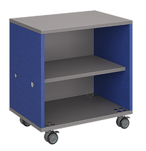 Load image into Gallery viewer, Mobile classroom storage cabinet featuring a single column of open shelves, customizable laminate finishes, optional doors, and durable rolling casters.
