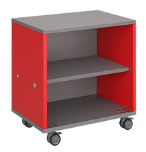 Load image into Gallery viewer, Mobile classroom storage cabinet featuring a single column of open shelves, customizable laminate finishes, optional doors, and durable rolling casters.
