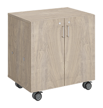 Load image into Gallery viewer, Mobile classroom storage cabinet featuring a single column of open shelves, customizable laminate finishes, optional doors, and durable rolling casters.
