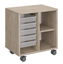 Load image into Gallery viewer, Mobile classroom storage with two-columns, one trays and one cubbies, customizable laminate finishes, optional doors, and durable casters.
