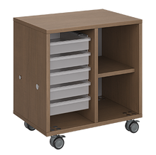 Load image into Gallery viewer, Mobile classroom storage with two-columns, one trays and one cubbies, customizable laminate finishes, optional doors, and durable casters.
