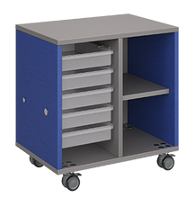 Load image into Gallery viewer, Mobile classroom storage with two-columns, one trays and one cubbies, customizable laminate finishes, optional doors, and durable casters.
