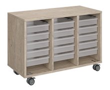 Load image into Gallery viewer, Mobile classroom storage featuring a three-column, all-tray configuration with customizable laminate finishes, optional doors, and durable casters for flexible, organized classroom storage.
