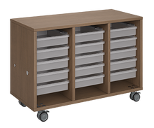 Load image into Gallery viewer, Mobile classroom storage featuring a three-column, all-tray configuration with customizable laminate finishes, optional doors, and durable casters for flexible, organized classroom storage.
