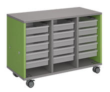 Load image into Gallery viewer, Mobile classroom storage featuring a three-column, all-tray configuration with customizable laminate finishes, optional doors, and durable casters for flexible, organized classroom storage.
