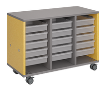 Load image into Gallery viewer, Mobile classroom storage featuring a three-column, all-tray configuration with customizable laminate finishes, optional doors, and durable casters for flexible, organized classroom storage.
