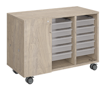 Load image into Gallery viewer, Mobile classroom storage featuring a three-column, all-tray configuration with customizable laminate finishes, optional doors, and durable casters for flexible, organized classroom storage.
