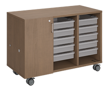 Load image into Gallery viewer, Mobile classroom storage featuring a three-column, all-tray configuration with customizable laminate finishes, optional doors, and durable casters for flexible, organized classroom storage.
