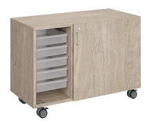 Load image into Gallery viewer, Mobile classroom storage featuring a three-column, all-tray configuration with customizable laminate finishes, optional doors, and durable casters for flexible, organized classroom storage.
