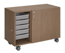 Load image into Gallery viewer, Mobile classroom storage featuring a three-column, all-tray configuration with customizable laminate finishes, optional doors, and durable casters for flexible, organized classroom storage.
