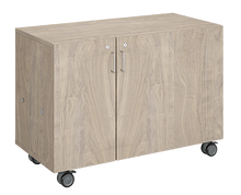 Load image into Gallery viewer, Mobile classroom storage featuring a three-column, all-tray configuration with customizable laminate finishes, optional doors, and durable casters for flexible, organized classroom storage.
