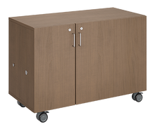 Load image into Gallery viewer, Mobile classroom storage featuring a three-column, all-tray configuration with customizable laminate finishes, optional doors, and durable casters for flexible, organized classroom storage.
