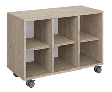 Load image into Gallery viewer, Mobile classroom storage featuring a three-column, all-cubbies configuration with customizable laminate finishes, optional doors, and durable casters for flexible classroom storage.
