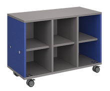 Load image into Gallery viewer, Mobile classroom storage featuring a three-column, all-cubbies configuration with customizable laminate finishes, optional doors, and durable casters for flexible classroom storage.
