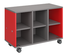 Load image into Gallery viewer, Mobile classroom storage featuring a three-column, all-cubbies configuration with customizable laminate finishes, optional doors, and durable casters for flexible classroom storage.
