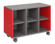 Mobile classroom storage featuring a three-column, all-cubbies configuration with customizable laminate finishes, optional doors, and durable casters for flexible classroom storage.