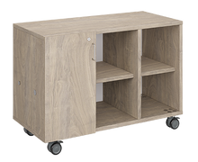 Load image into Gallery viewer, Mobile classroom storage featuring a three-column, all-cubbies configuration with customizable laminate finishes, optional doors, and durable casters for flexible classroom storage.
