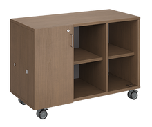 Load image into Gallery viewer, Mobile classroom storage featuring a three-column, all-cubbies configuration with customizable laminate finishes, optional doors, and durable casters for flexible classroom storage.
