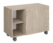 Load image into Gallery viewer, Mobile classroom storage featuring a three-column, all-cubbies configuration with customizable laminate finishes, optional doors, and durable casters for flexible classroom storage.
