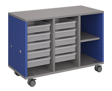 Load image into Gallery viewer, Mobile classroom storage featuring a three-column configuration with two columns of trays and one column of cubbies, customizable laminate finishes, optional doors, and durable casters for flexible classroom storage.
