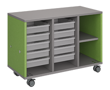 Load image into Gallery viewer, Mobile classroom storage featuring a three-column configuration with two columns of trays and one column of cubbies, customizable laminate finishes, optional doors, and durable casters for flexible classroom storage.
