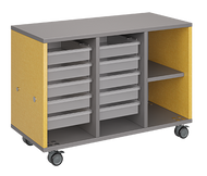 Mobile classroom storage featuring a three-column configuration with two columns of trays and one column of cubbies, customizable laminate finishes, optional doors, and durable casters for flexible classroom storage.